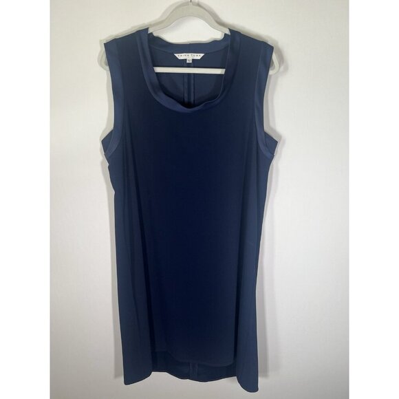 TRINA TURK navy blue scoopneck sleeveless crepe shift flowy dress L minimalist - Picture 1 of 8